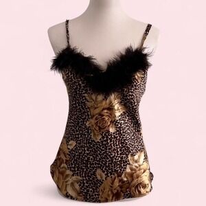 Vintage Y2K leopard & rose print satin top with removable feather trim Small